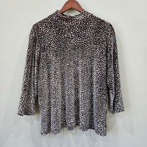 Women Velvet Leopard Print Mock Neck Top Plus Size Black Tan Artsy Office Casual